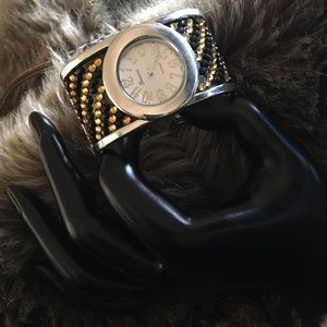 Geneva Platinum black & gold rhinestone cuff watch